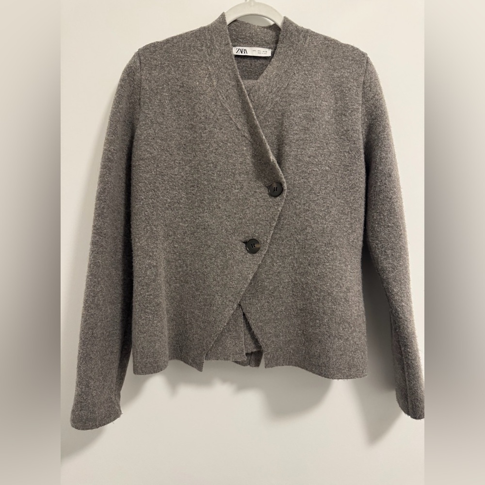 Gray Button-Up Cardigan and Skirt
